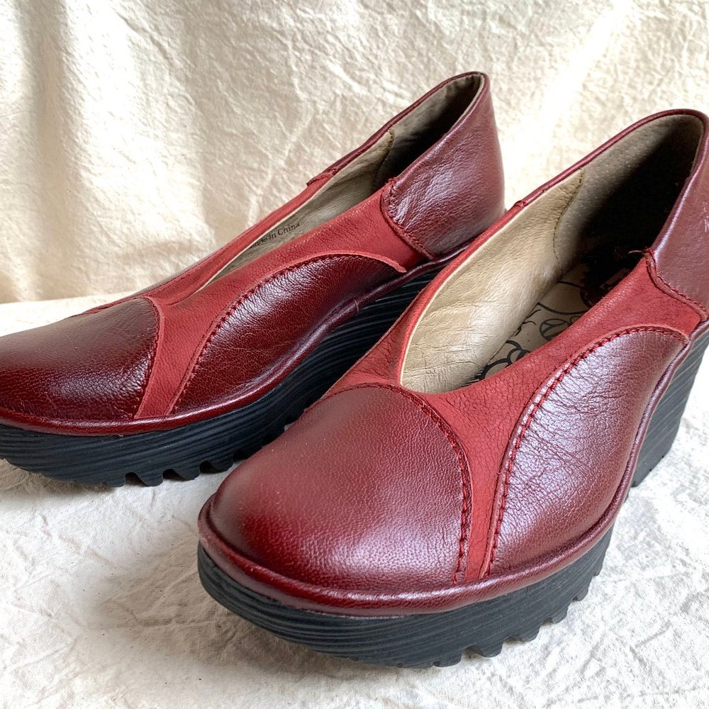 Fly London Burgundy Wedge Heels - Picture 5 of 13